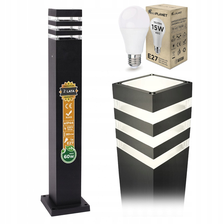 Štvorcový stĺp osvetlenia Masterled GU10 80 cm čierny + LED žiarovka Berge ecoPLANET - E27 - A60 - 15W - 1500Lm - teplá biela